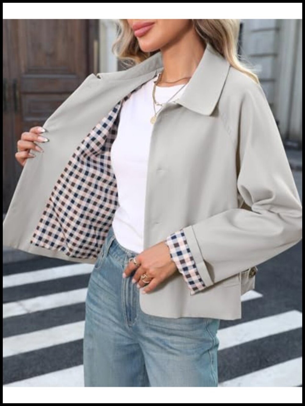 Cropped Trench Coat Single Breasted Lightweight Loose Fit Plaid Lining - Picture 5 of 6